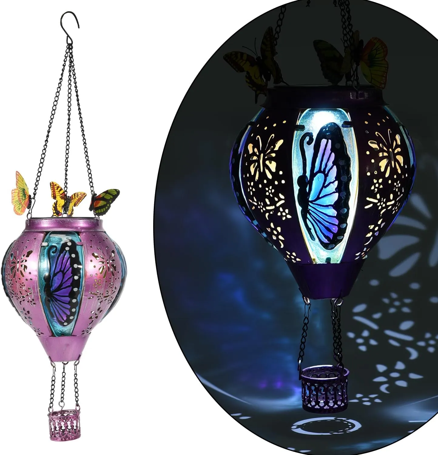 Upgraded Hot Air Balloon Solar Lantern Flickering Flame,Glass Hanging Solar Lights Outdoor Waterproof with Butterfly Decorative,Power Hot Air Balloon Garden Patio Decor for Lawn Porch Tree Yard