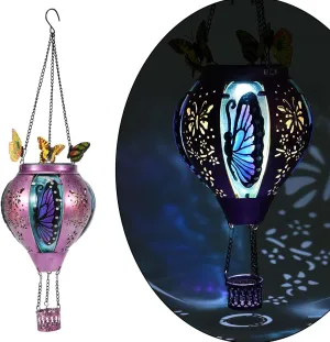 Upgraded Hot Air Balloon Solar Lantern Flickering Flame,Glass Hanging Solar Lights Outdoor Waterproof with Butterfly Decorative,Power Hot Air Balloon Garden Patio Decor for Lawn Porch Tree Yard