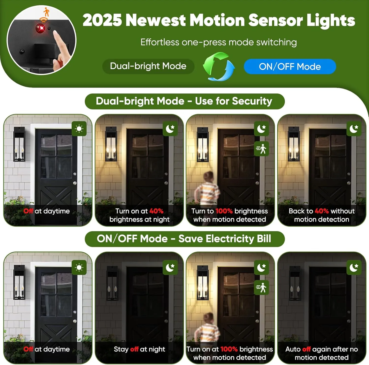 Upgraded Motion Sensor Outdoor Wall Light, 18” Large Dusk to Dawn Porch Light Outdoor Wall Sconce Lantern, 3 Lighting Modes Exterior Lighting Fixture Wall Mount, Outside Light for House Garage, Black