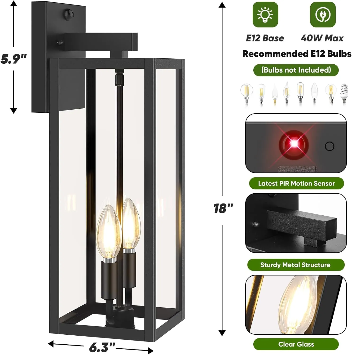 Upgraded Motion Sensor Outdoor Wall Light, 18” Large Dusk to Dawn Porch Light Outdoor Wall Sconce Lantern, 3 Lighting Modes Exterior Lighting Fixture Wall Mount, Outside Light for House Garage, Black