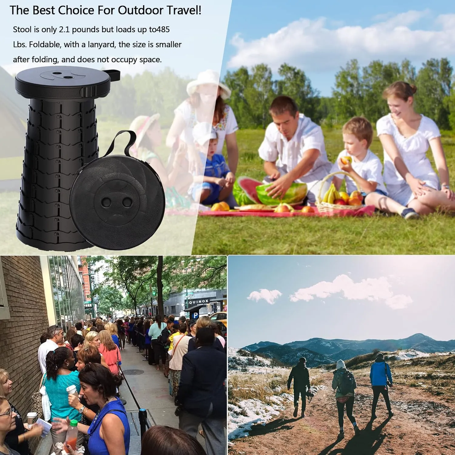 Upgraded Telescoping Stool Collapsible Stool with Seat Cushion & Bag, Retractable Folding Camping Stool for Adults Max Load 500lbs More Sturdy Lightweight for Fishing Hiking Gardening (Black-s)