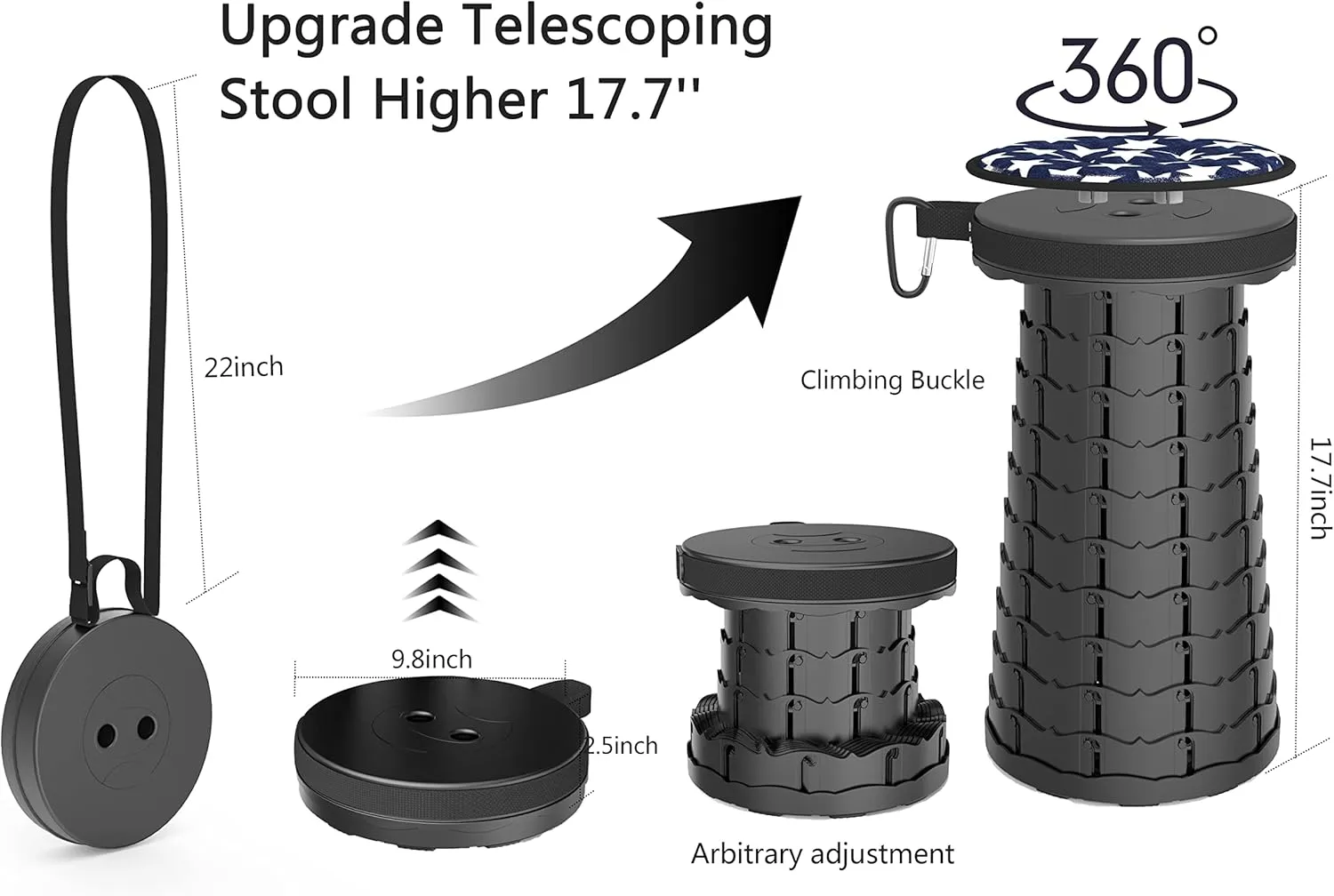 Upgraded Telescoping Stool Collapsible Stool with Seat Cushion & Bag, Retractable Folding Camping Stool for Adults Max Load 500lbs More Sturdy Lightweight for Fishing Hiking Gardening (Black-s)