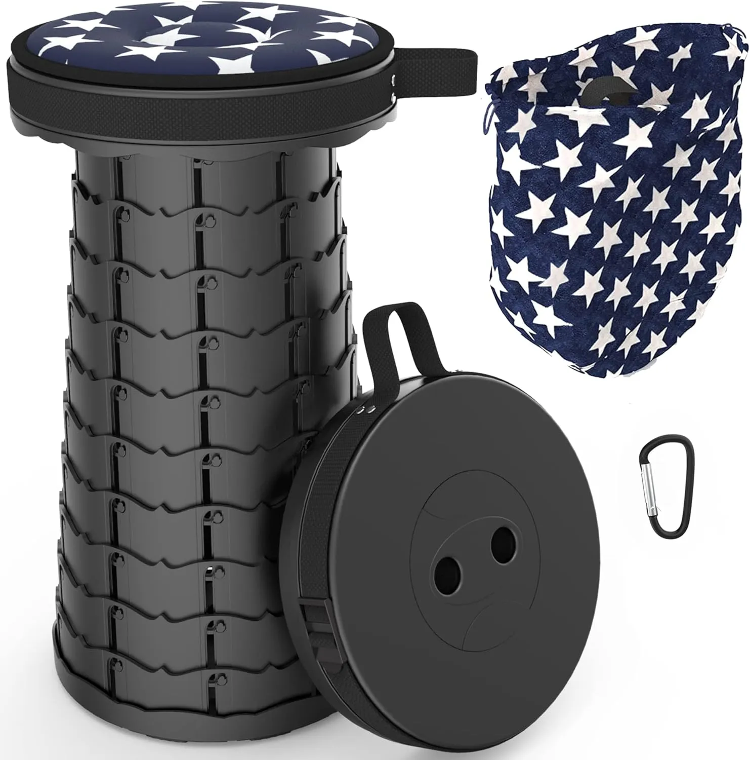 Upgraded Telescoping Stool Collapsible Stool with Seat Cushion & Bag, Retractable Folding Camping Stool for Adults Max Load 500lbs More Sturdy Lightweight for Fishing Hiking Gardening (Black-s)