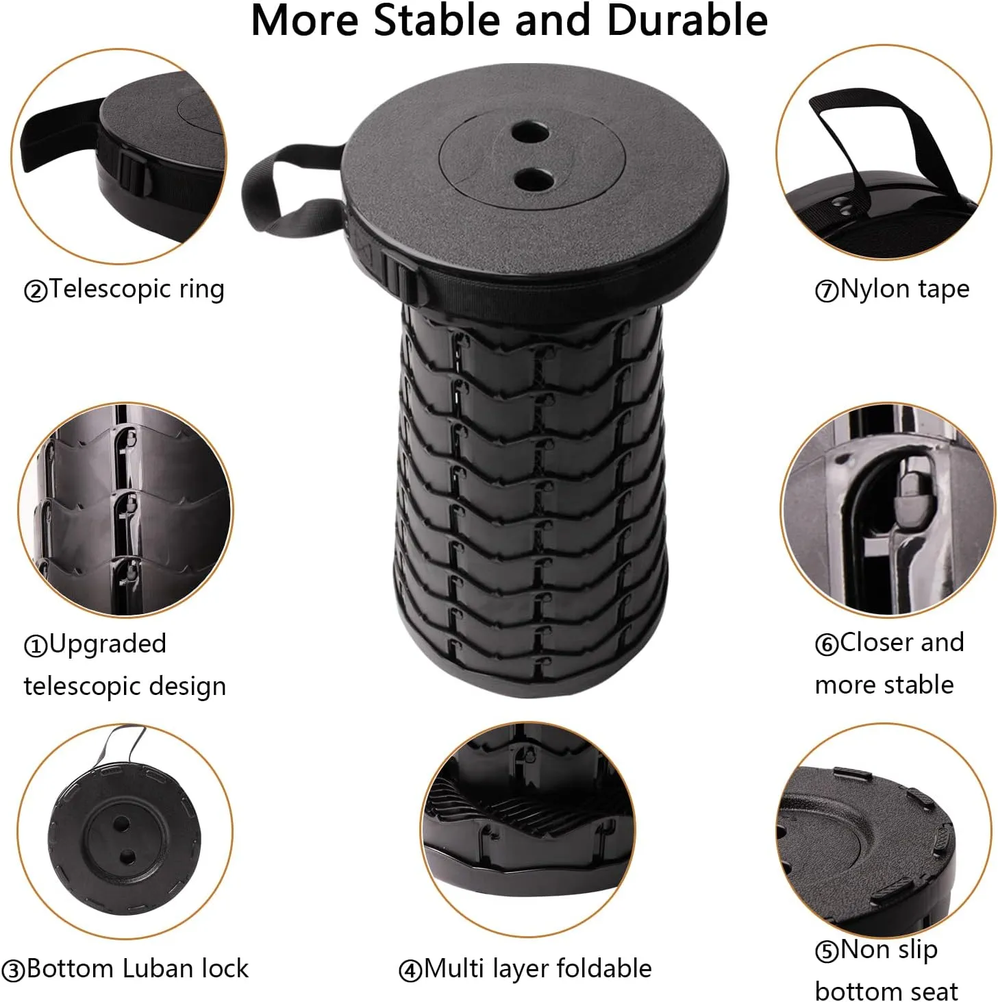 Upgraded Telescoping Stool Collapsible Stool with Seat Cushion & Bag, Retractable Folding Camping Stool for Adults Max Load 500lbs More Sturdy Lightweight for Fishing Hiking Gardening (Black-s)