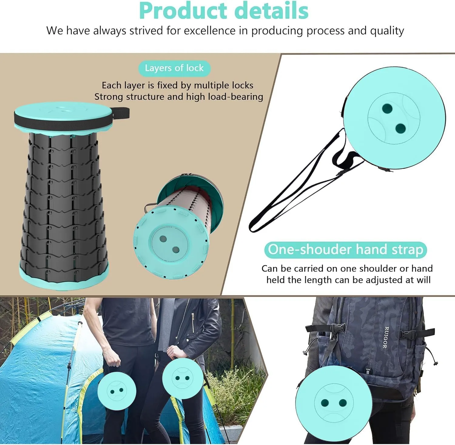 Upgraded Telescoping Stool Collapsible Stool with Seat Cushion & Bag, Retractable Folding Camping Stool for Adults Max Load 500lbs More Sturdy Lightweight for Fishing Hiking Gardening (lake green)