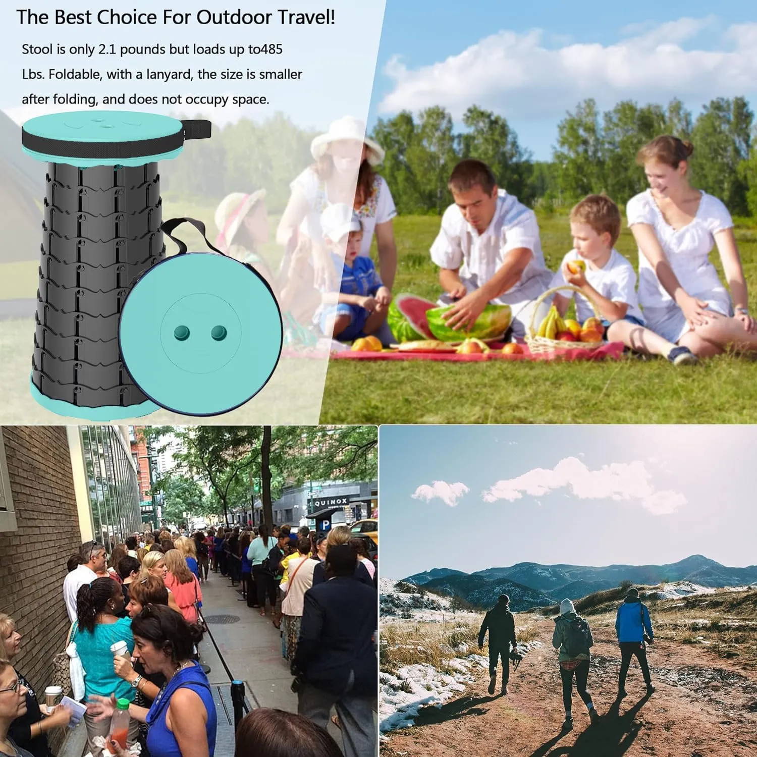 Upgraded Telescoping Stool Collapsible Stool with Seat Cushion & Bag, Retractable Folding Camping Stool for Adults Max Load 500lbs More Sturdy Lightweight for Fishing Hiking Gardening (lake green)