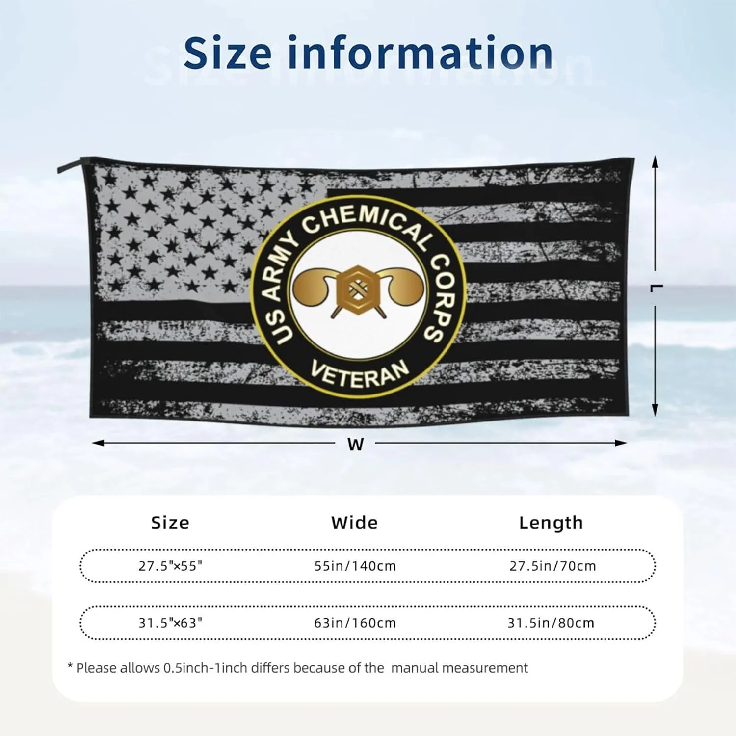 Us Army Chemical Corps Vetera Beach Towel & Bath Towel - Quick Dry, Extra Large, Lightweight, Sand Free - Highly Absorbent Microfiber Towels for Pool, Swimming, Gym, Travel
