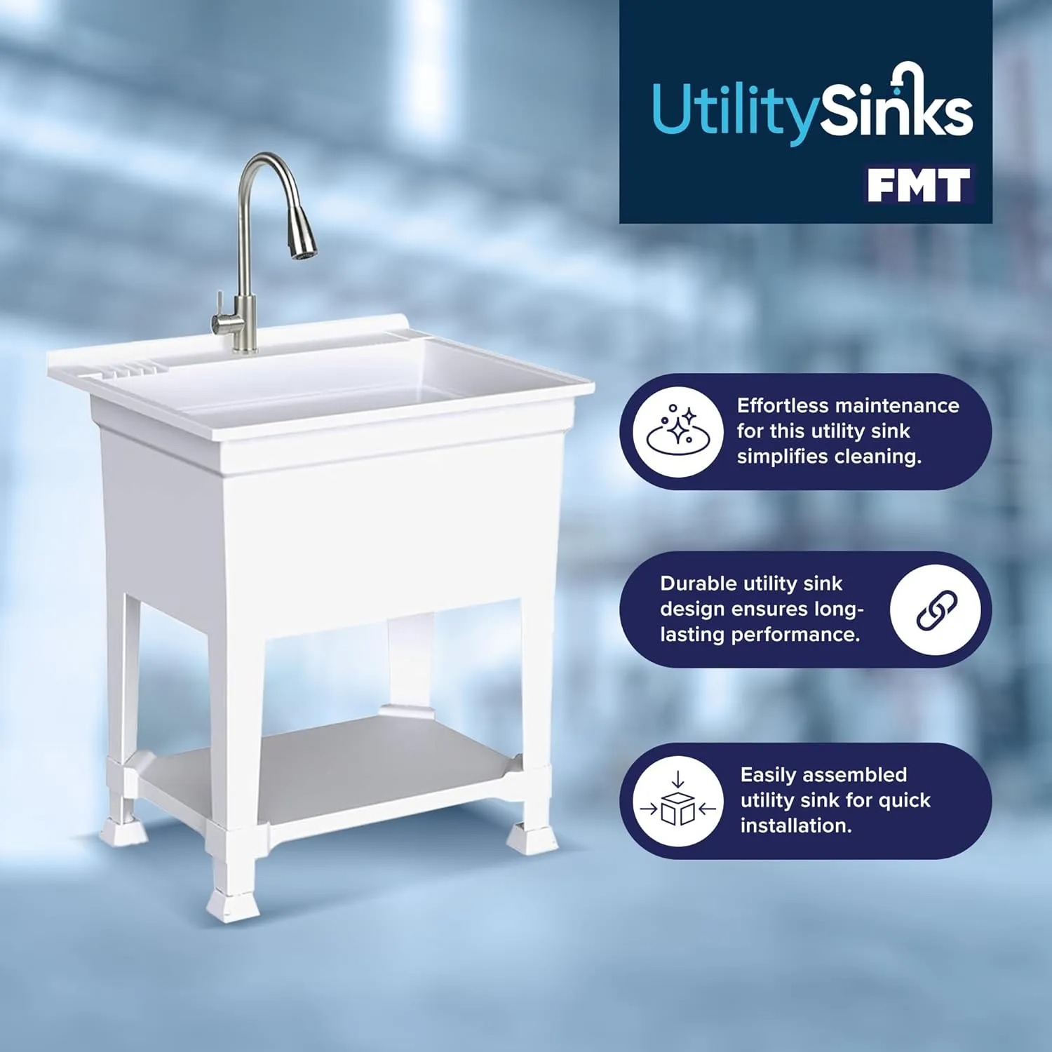 USA-Made Plastic Freestanding 24 in x 24-Inch UtilityTub Heavy Duty Compact Utility Sink Ideal for Workshop, Laundry Room, Garage, Greenhouse, Pet Wash Station (White)