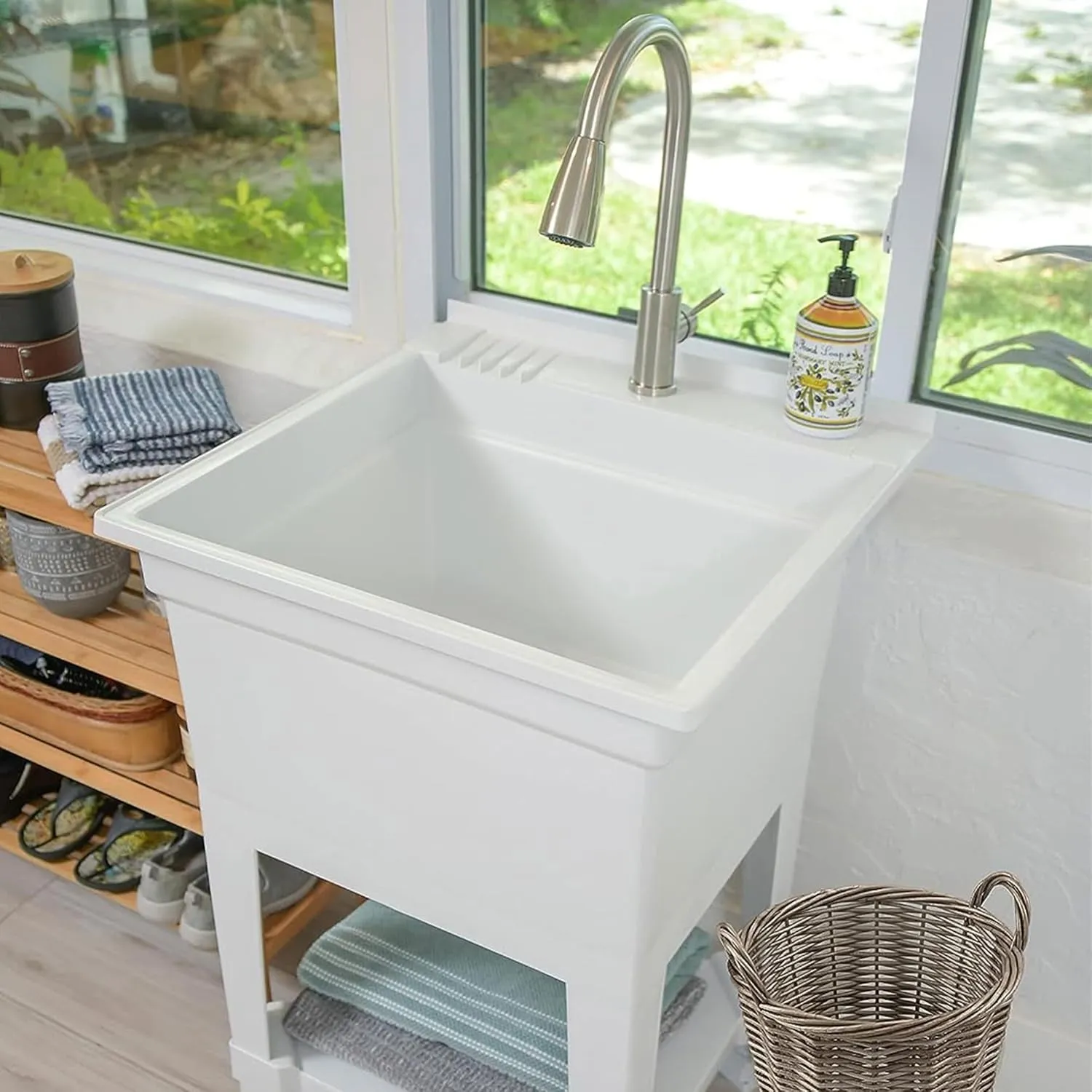 USA-Made Plastic Freestanding 24 in x 24-Inch UtilityTub Heavy Duty Compact Utility Sink Ideal for Workshop, Laundry Room, Garage, Greenhouse, Pet Wash Station (White)