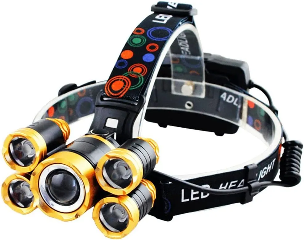 USB Rechargeable Headlamp, LED Work Headlight, 4 Modes 5 LED Waterproof Head Lamp with Telescopic Zoom & Multi-Directional Illumination, for Camping Hiking Hunting