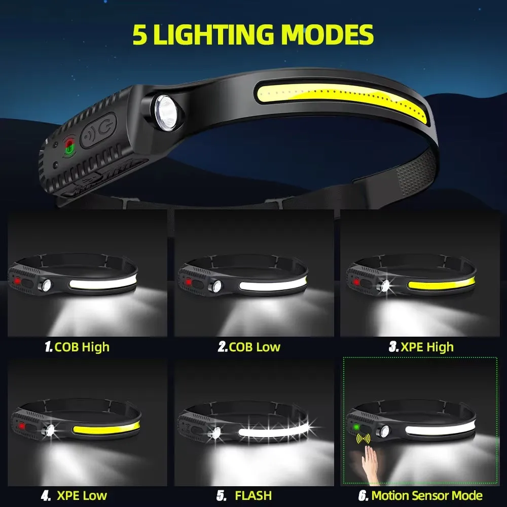 USB Rechargeable LED Headlamp – 230° Wide Beam with Motion Sensor & 5 Light Modes