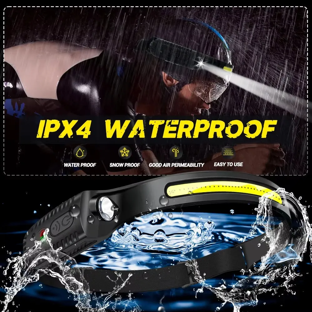 USB Rechargeable LED Headlamp – 230° Wide Beam with Motion Sensor & 5 Light Modes