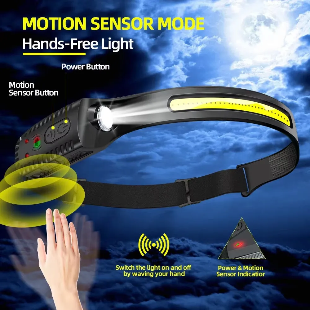 USB Rechargeable LED Headlamp – 230° Wide Beam with Motion Sensor & 5 Light Modes