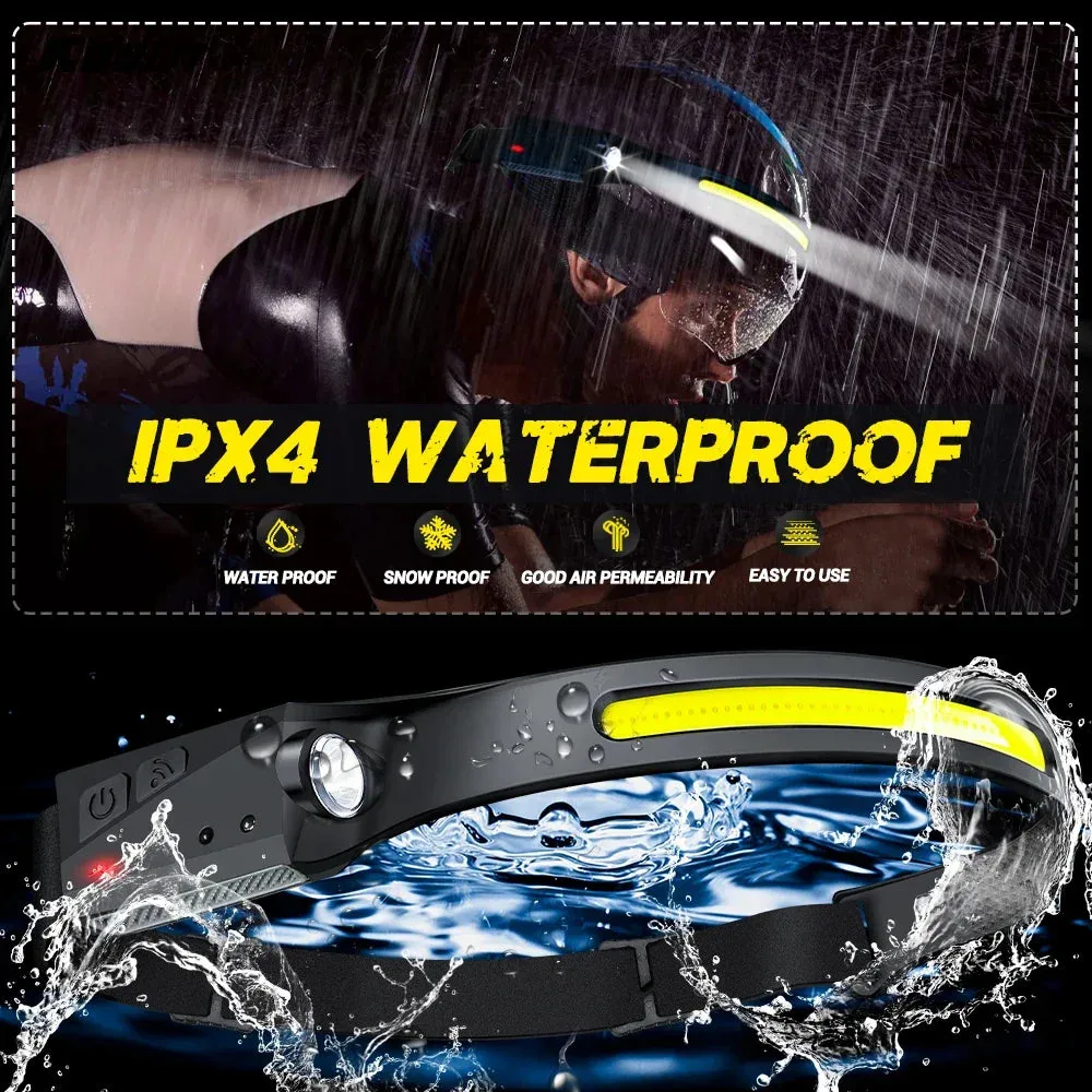 USB Rechargeable LED Headlamp, Sensor Head Torch for Camping, Fishing, Outdoor Activities - Built-in Battery Flashlight