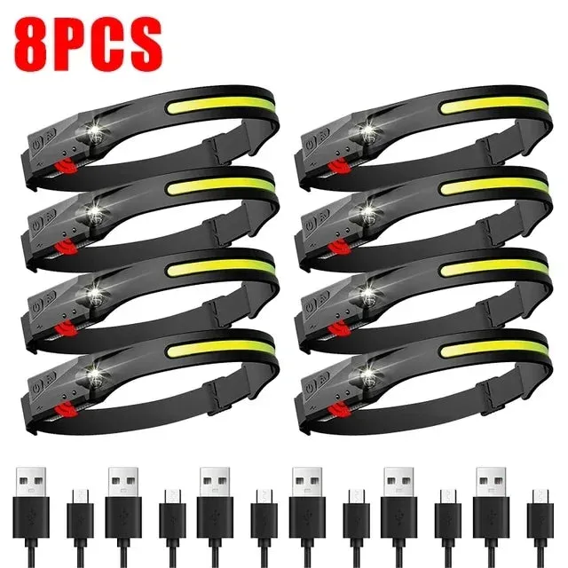 USB Rechargeable LED Headlamp, Sensor Head Torch for Camping, Fishing, Outdoor Activities - Built-in Battery Flashlight