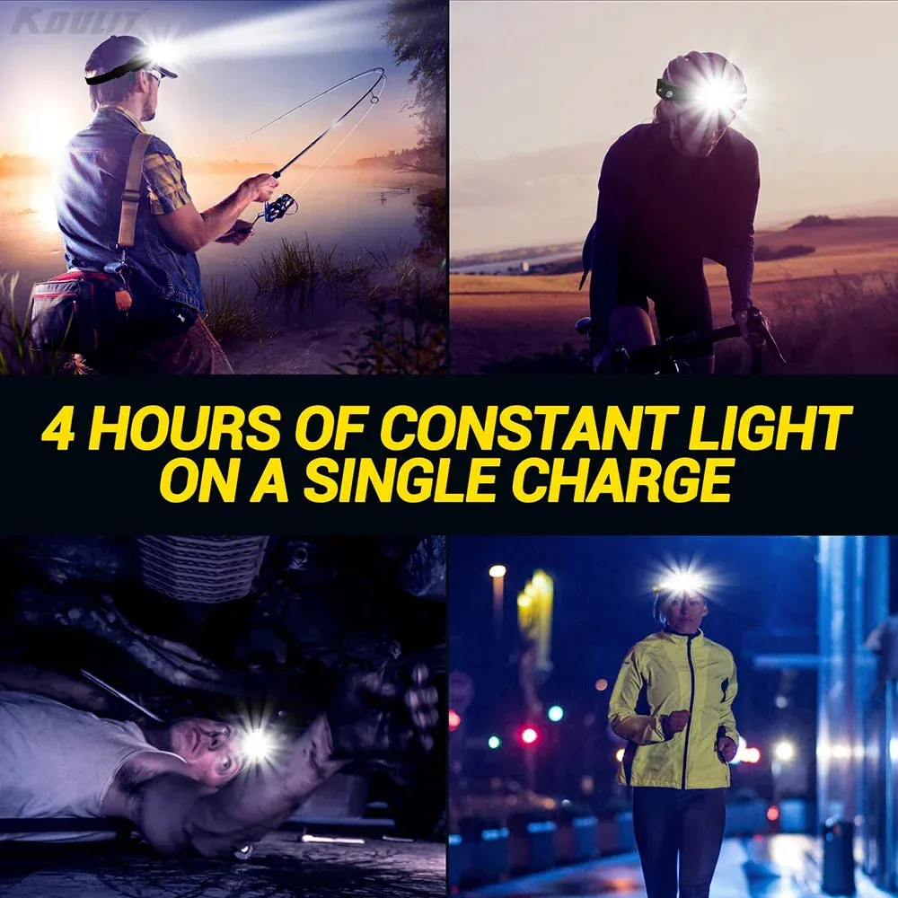 USB Rechargeable LED Headlamp, Sensor Head Torch for Camping, Fishing, Outdoor Activities - Built-in Battery Flashlight