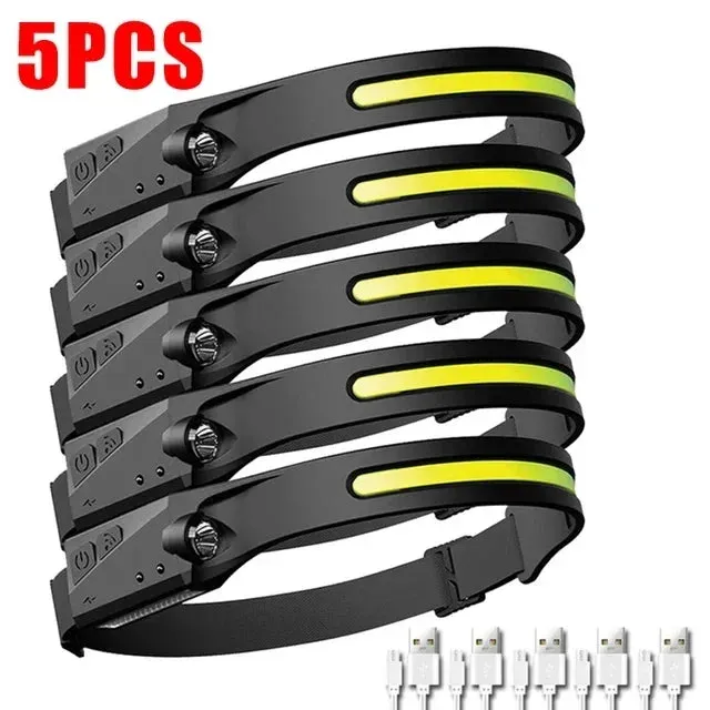 USB Rechargeable LED Headlamp, Sensor Head Torch for Camping, Fishing, Outdoor Activities - Built-in Battery Flashlight