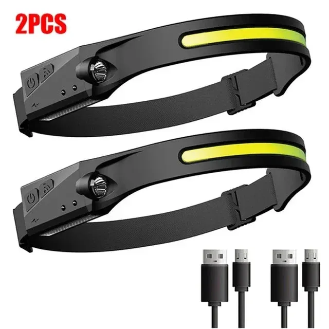 USB Rechargeable LED Headlamp, Sensor Head Torch for Camping, Fishing, Outdoor Activities - Built-in Battery Flashlight