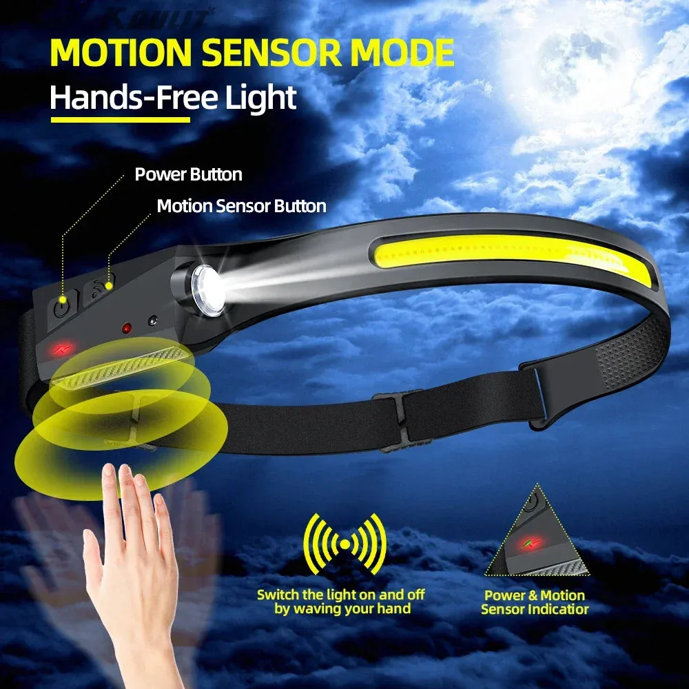 USB Rechargeable LED Headlamp, Sensor Head Torch for Camping, Fishing, Outdoor Activities - Built-in Battery Flashlight