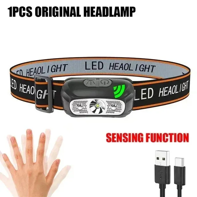 USB Rechargeable LED Headlamp, Sensor Head Torch for Camping, Fishing, Outdoor Activities - Built-in Battery Flashlight