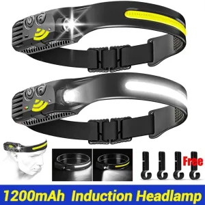 USB Rechargeable LED Headlamp, Sensor Head Torch for Camping, Fishing, Outdoor Activities - Built-in Battery Flashlight