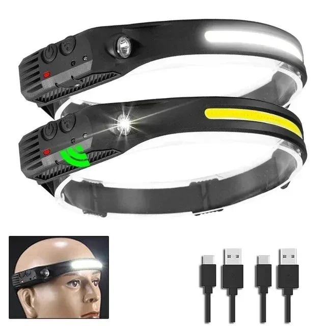 USB Rechargeable LED Headlamp, Sensor Head Torch for Camping, Fishing, Outdoor Activities - Built-in Battery Flashlight