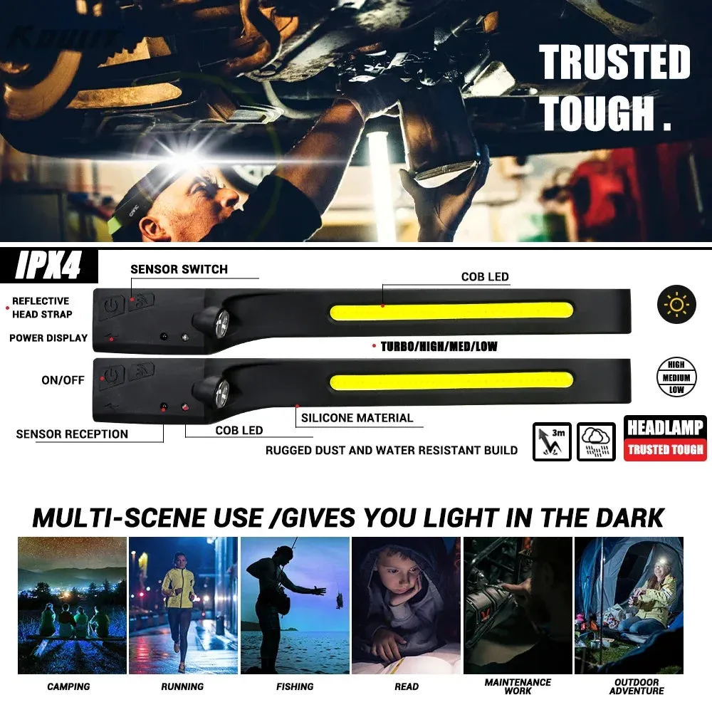 USB Rechargeable LED Headlamp, Sensor Head Torch for Camping, Fishing, Outdoor Activities - Built-in Battery Flashlight