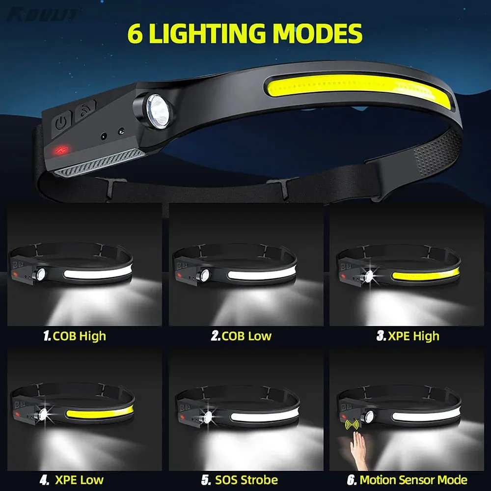 USB Rechargeable LED Headlamp, Sensor Head Torch for Camping, Fishing, Outdoor Activities - Built-in Battery Flashlight