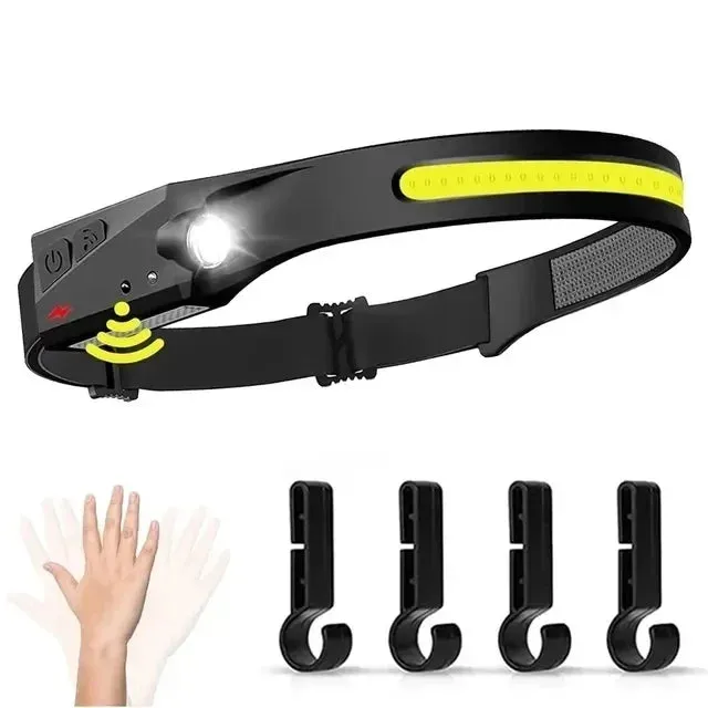 USB Rechargeable LED Headlamp, Sensor Head Torch for Camping, Fishing, Outdoor Activities - Built-in Battery Flashlight