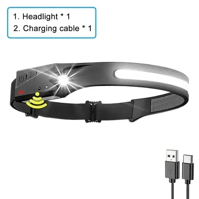 USB Rechargeable LED Headlamp, Sensor Head Torch for Camping, Fishing, Outdoor Activities - Built-in Battery Flashlight