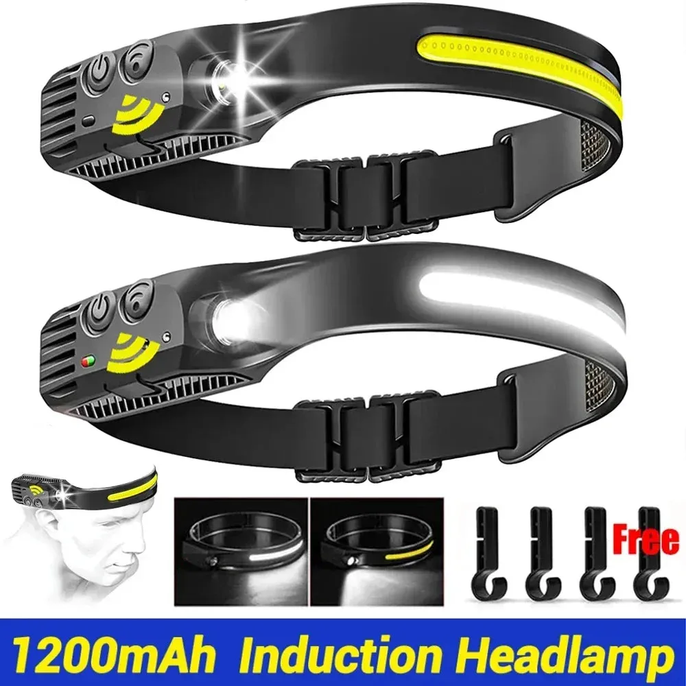 USB Rechargeable LED Headlamp, Sensor Head Torch for Camping, Fishing, Outdoor Activities - Built-in Battery Flashlight