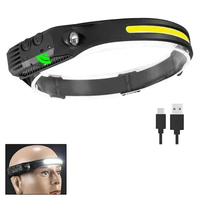 USB Rechargeable LED Headlamp, Sensor Head Torch for Camping, Fishing, Outdoor Activities - Built-in Battery Flashlight