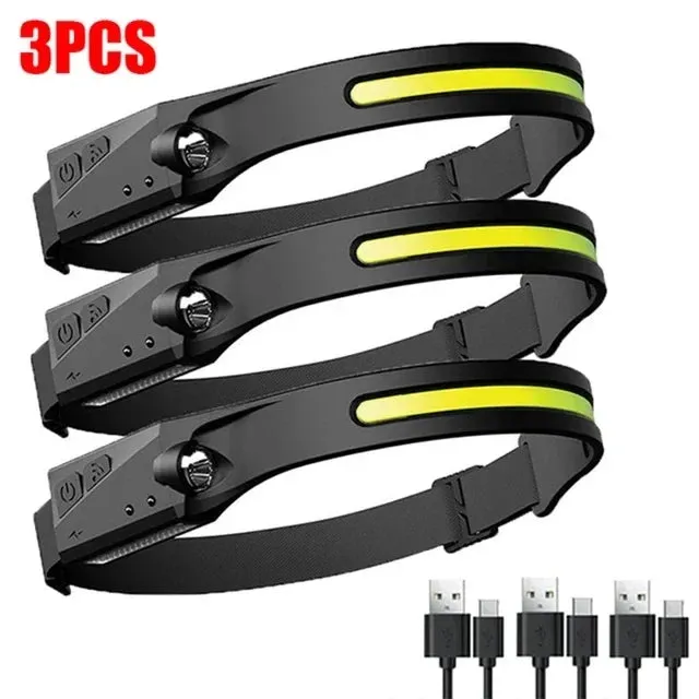 USB Rechargeable LED Headlamp, Sensor Head Torch for Camping, Fishing, Outdoor Activities - Built-in Battery Flashlight