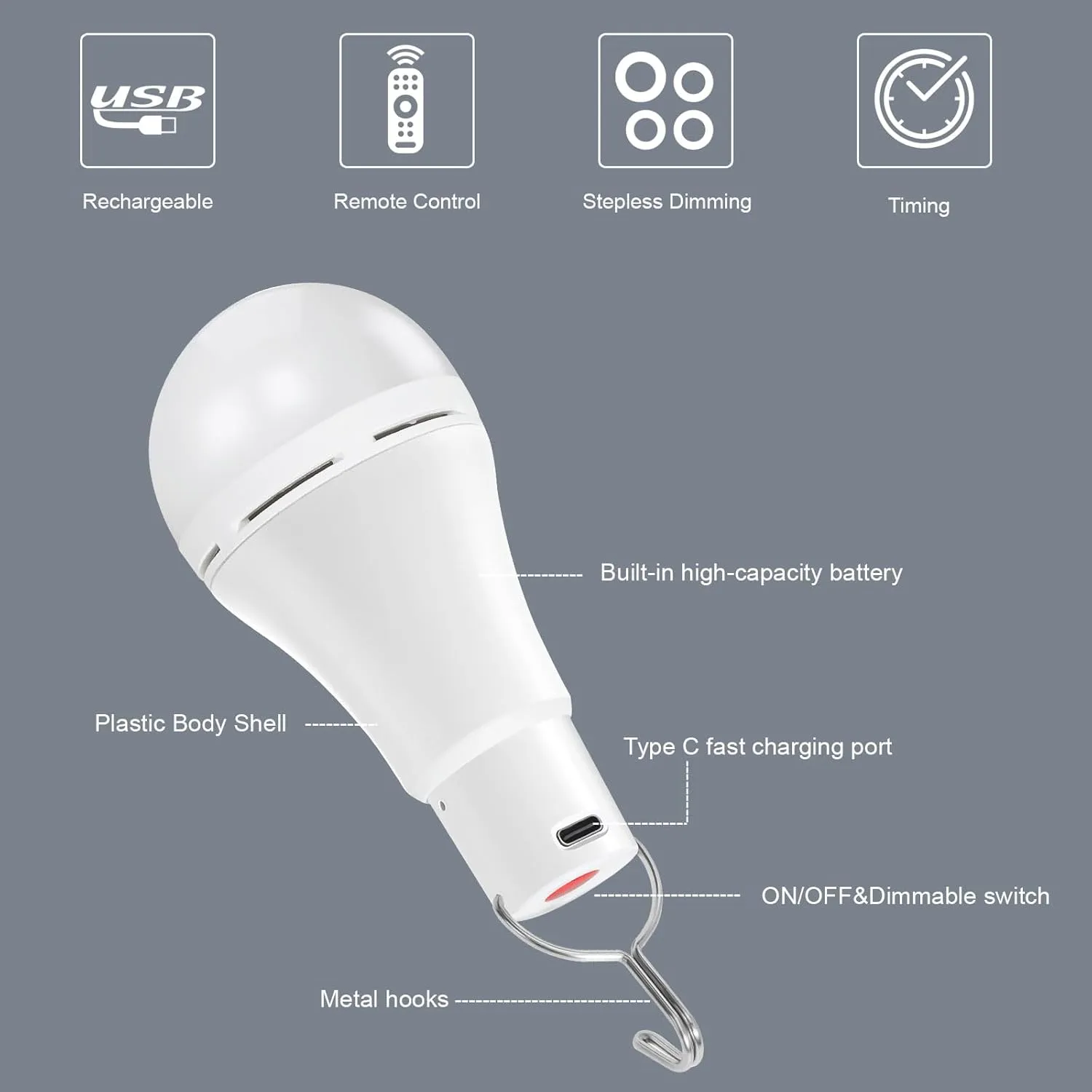 USB Rechargeable Light Bulbs with Remote Dimmable Timing 3000 mAh Rechargeable Battery Portable LED Tent Light Bulbs for Home Emergency Camping Tent Hiking(Daylight White 5000K, 2 Pack)