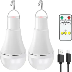USB Rechargeable Light Bulbs with Remote Dimmable Timing 3000 mAh Rechargeable Battery Portable LED Tent Light Bulbs for Home Emergency Camping Tent Hiking(Daylight White 5000K, 2 Pack)
