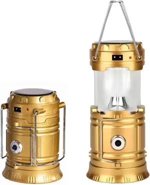 USB Rechargeable Solar Lantern Flashlight, Golden Metal Camping Lamp, 3-in-1 Tent Light for Outdoor Adventures