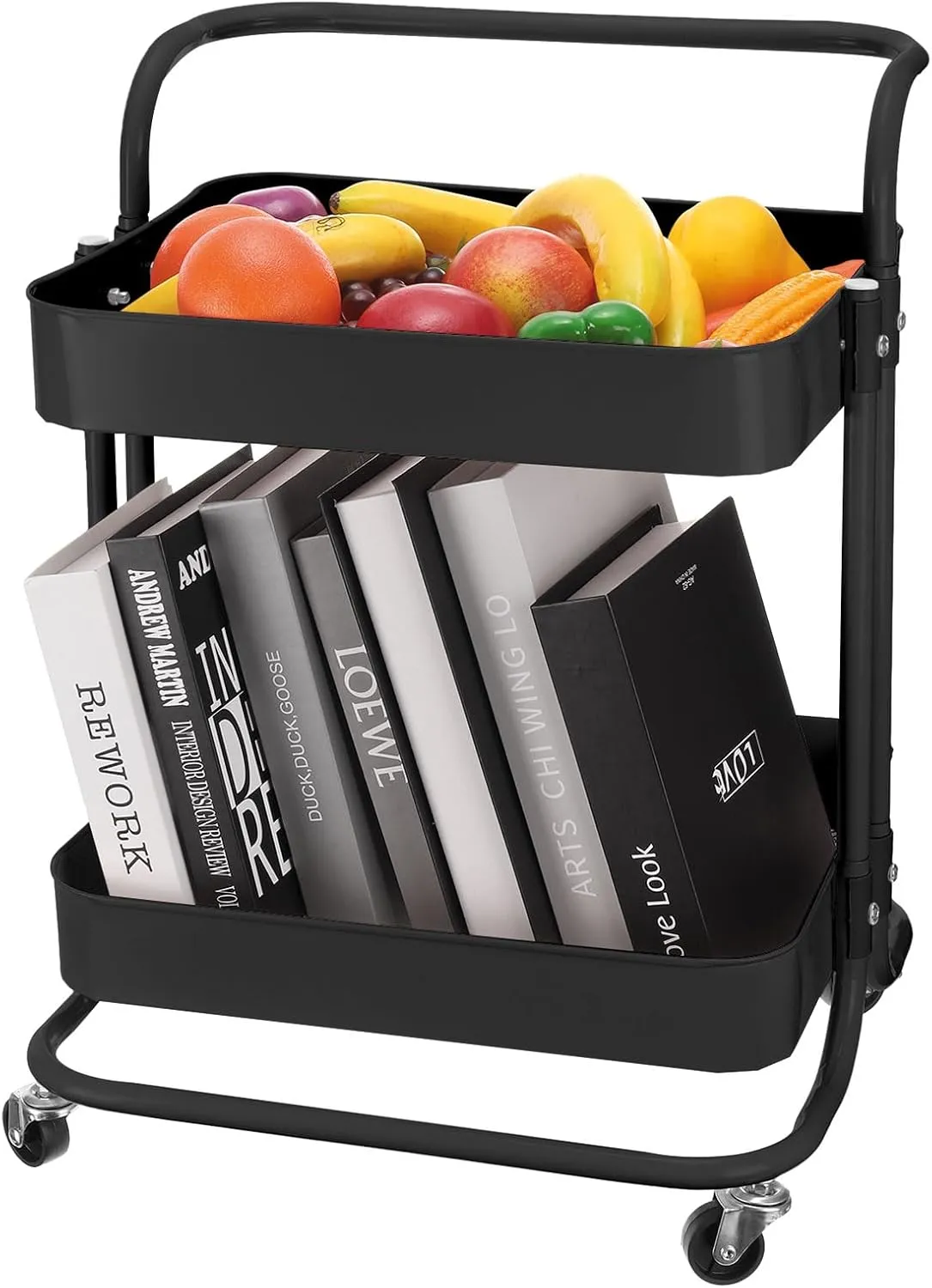 UXCell 2-Tier Rolling Storage Cart with Handle and Lockable Wheels - Black, Organizer for Kitchen, Living Room, Bedroom
