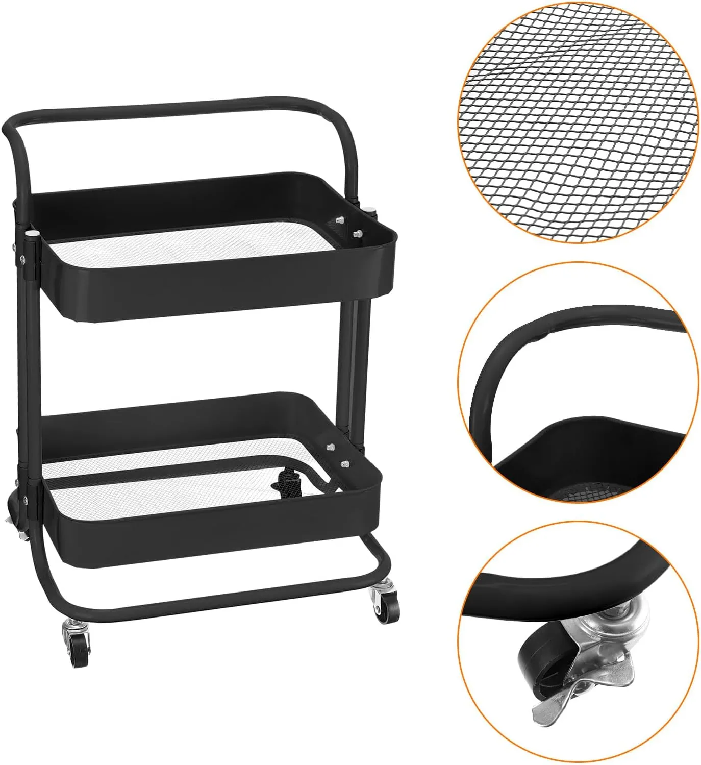 UXCell 2-Tier Rolling Storage Cart with Handle and Lockable Wheels - Black, Organizer for Kitchen, Living Room, Bedroom
