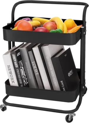UXCell 2-Tier Rolling Storage Cart with Handle and Lockable Wheels - Black, Organizer for Kitchen, Living Room, Bedroom