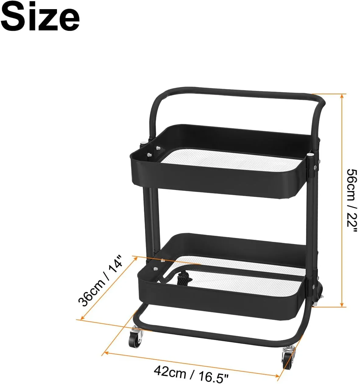 UXCell 2-Tier Rolling Storage Cart with Handle and Lockable Wheels - Black, Organizer for Kitchen, Living Room, Bedroom