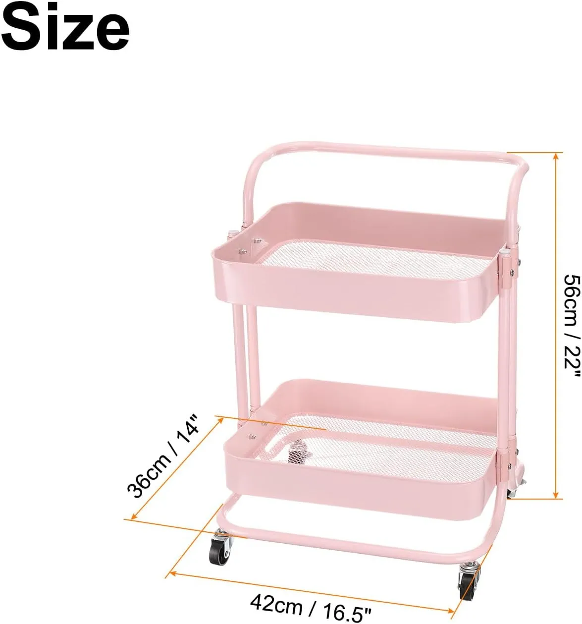 Uxcell 2 Tier Rolling Storage Cart With Handle and Lockable Wheels for Kitchen, Living Room - Pink