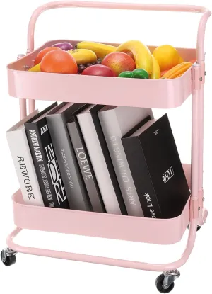 Uxcell 2 Tier Rolling Storage Cart With Handle and Lockable Wheels for Kitchen, Living Room - Pink