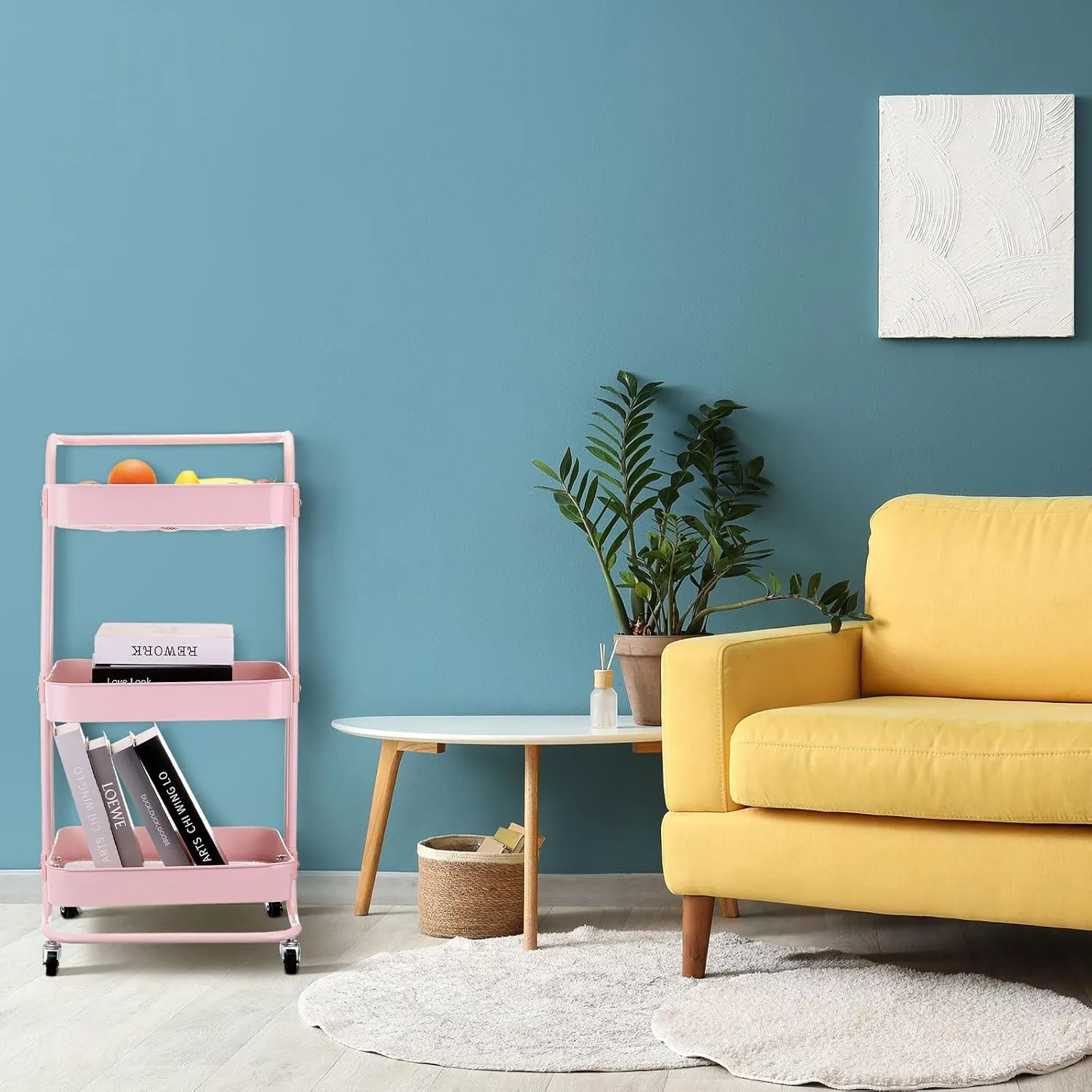 Uxcell 2 Tier Rolling Storage Cart With Handle and Lockable Wheels for Kitchen, Living Room - Pink