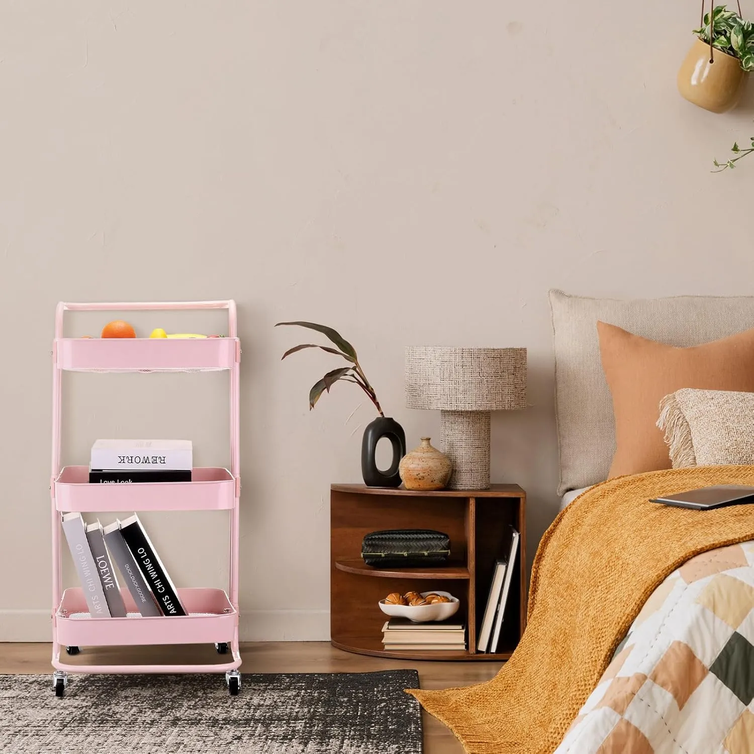 Uxcell 2 Tier Rolling Storage Cart With Handle and Lockable Wheels for Kitchen, Living Room - Pink
