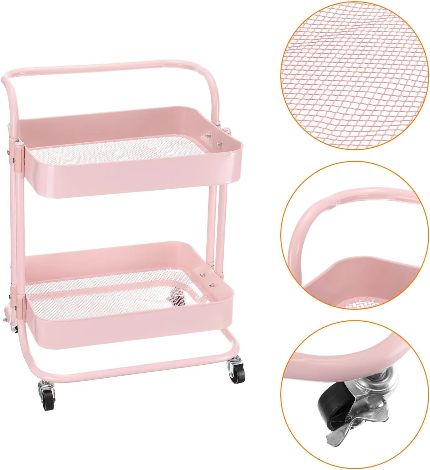 Uxcell 2 Tier Rolling Storage Cart With Handle and Lockable Wheels for Kitchen, Living Room - Pink