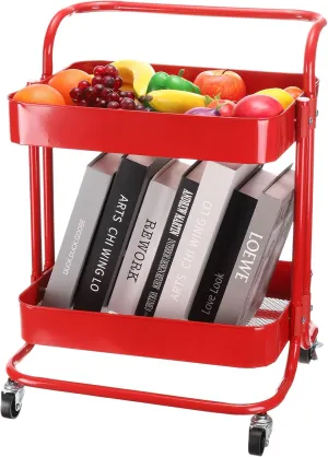 Uxcell 2-Tier Rolling Storage Cart with Handle and Lockable Wheels - Kitchen & Living Room Organizer, Red