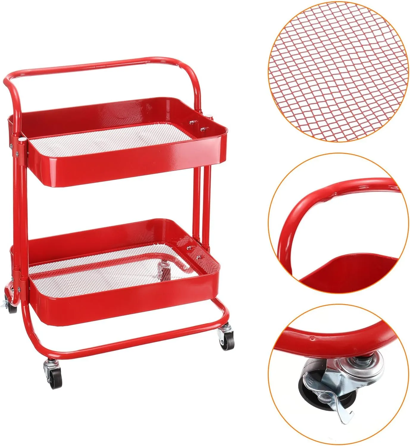 Uxcell 2-Tier Rolling Storage Cart with Handle and Lockable Wheels - Kitchen & Living Room Organizer, Red