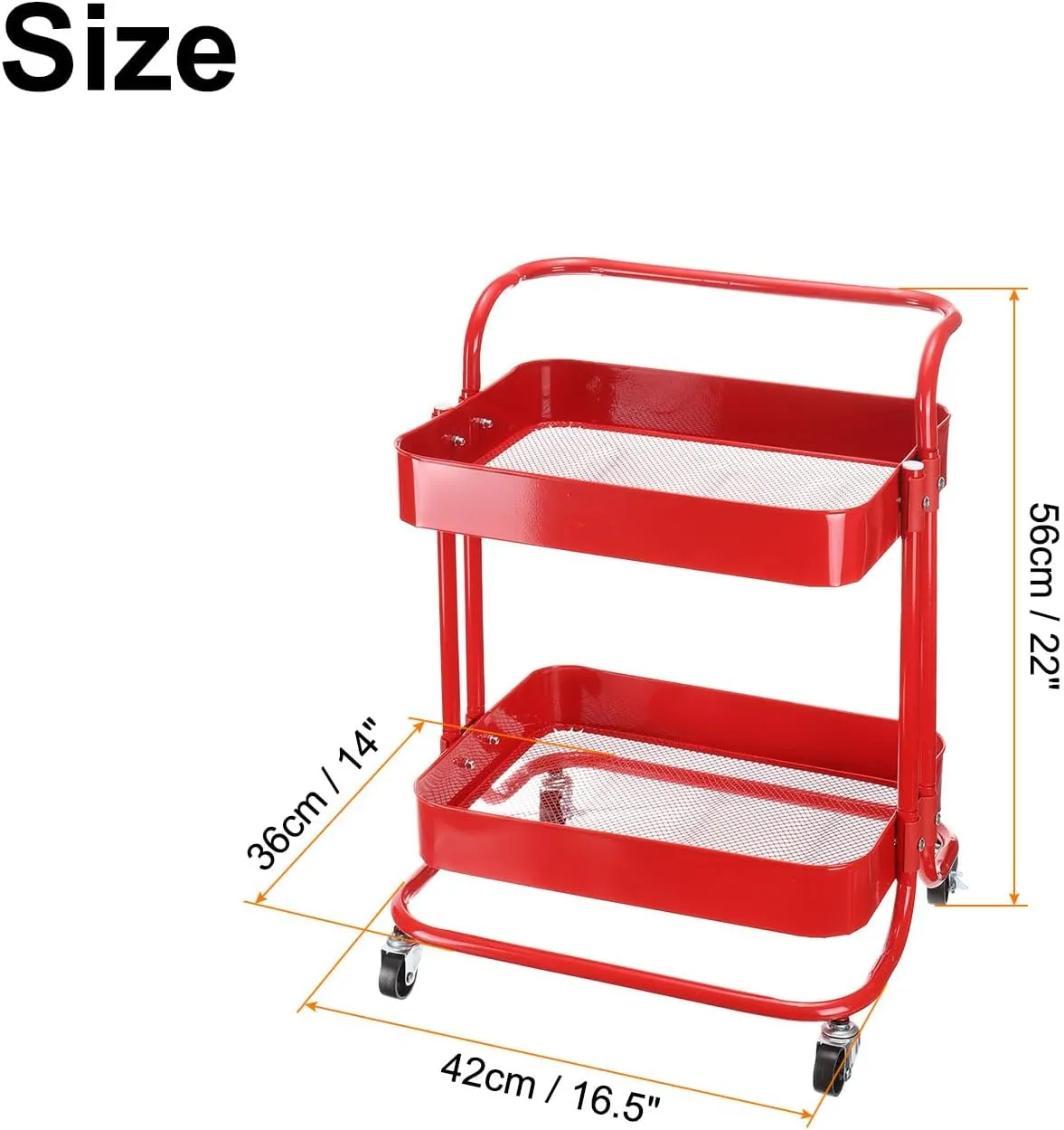Uxcell 2-Tier Rolling Storage Cart with Handle and Lockable Wheels - Kitchen & Living Room Organizer, Red