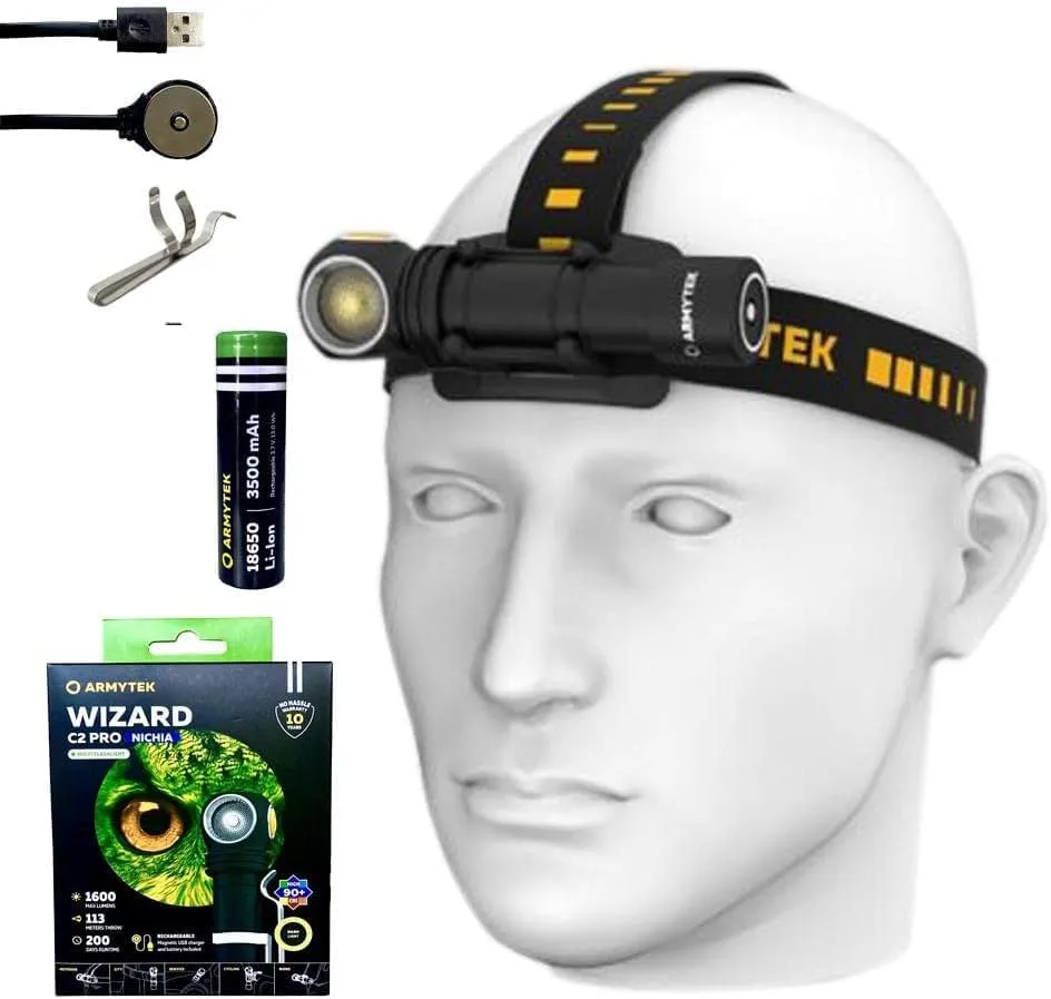 Value Bundle: Armytek Wizard C2 Pro Nichia (Warm) LED Multi Flashlight -1600 Lumens w/Premium Accessories Magnetic USB Charger & High 3500 Mili Amp Capacity
