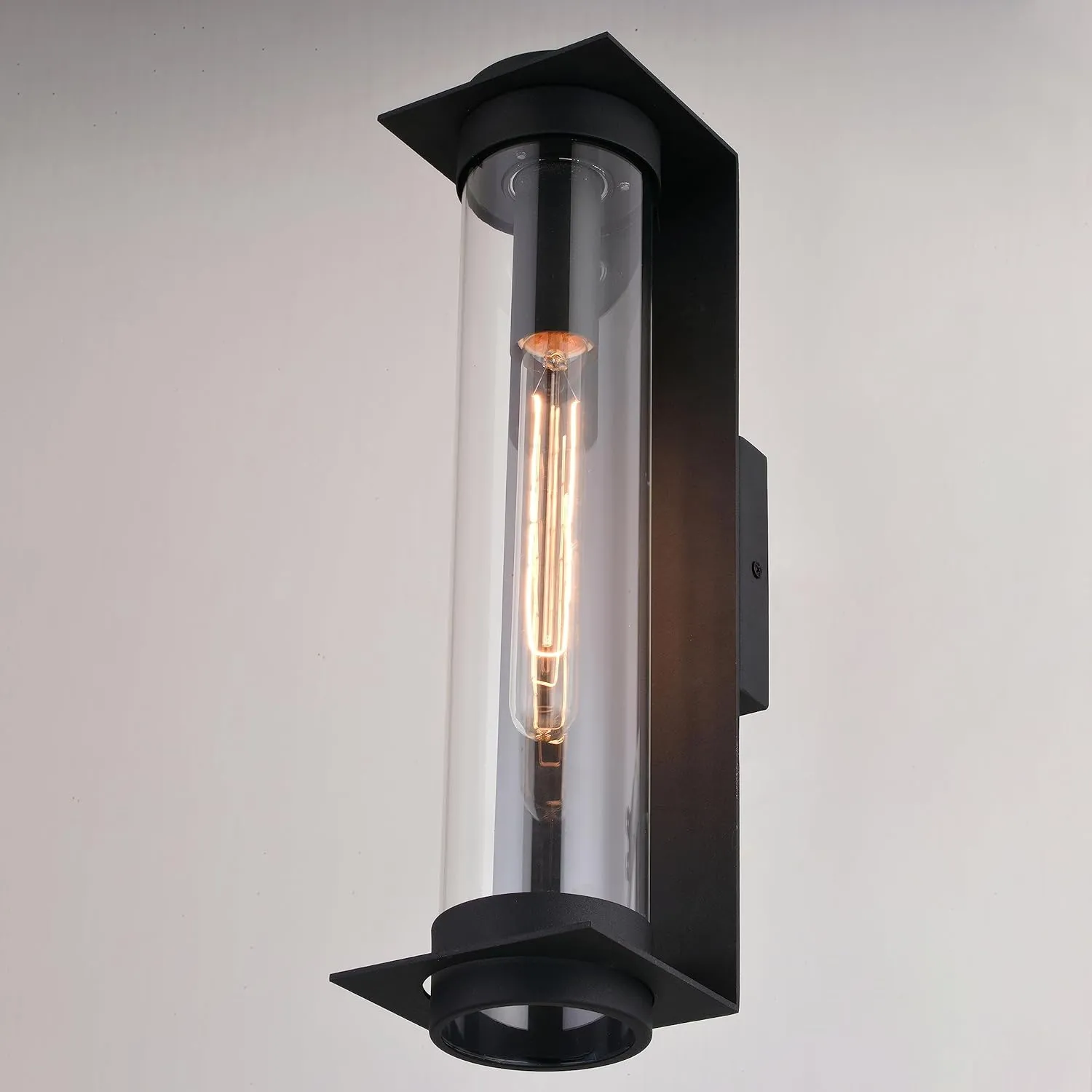 VAXCEL Brighton Park 1 Light 18-in. H Black Contemporary Indoor Outdoor Wall Lantern Fixture with Cylinder Clear Glass